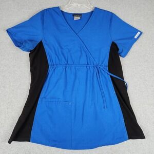 Cherokee Flexibles Maternity Scrub Top Women M Blue Black Stretch Medical V-Neck